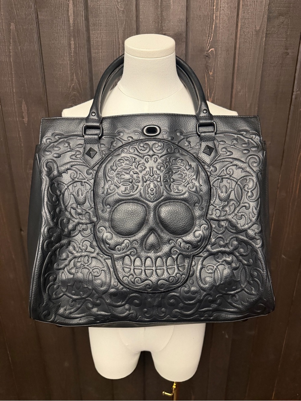 Loungefly Black Lattice Skull Tote Bag Goth Day of The Dead Faux Leather EUC